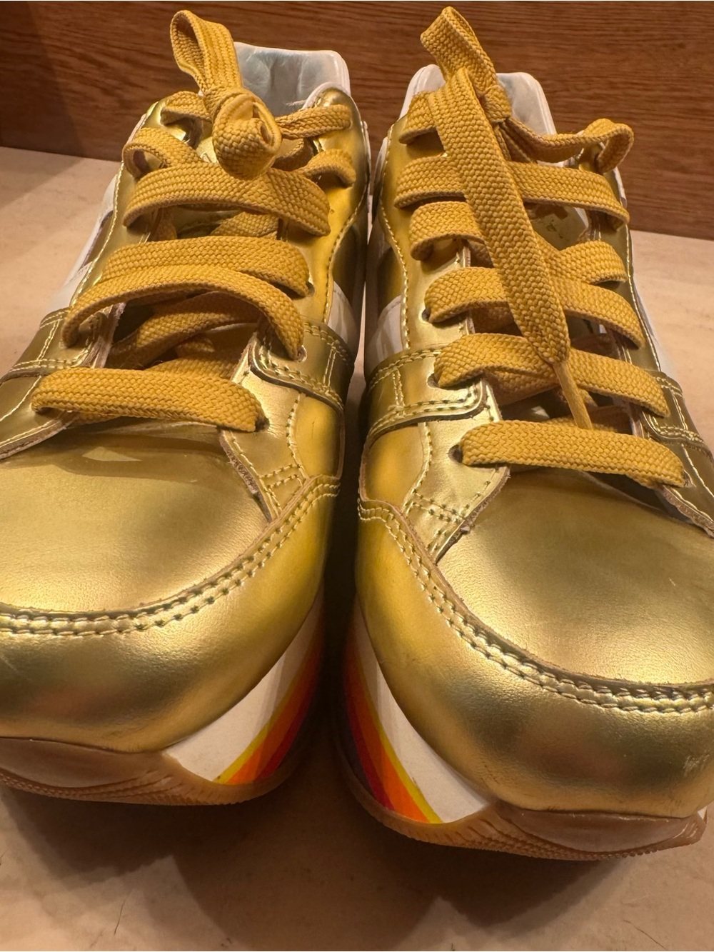 Hogan Gold Platform Sneakers with Yellow Laces